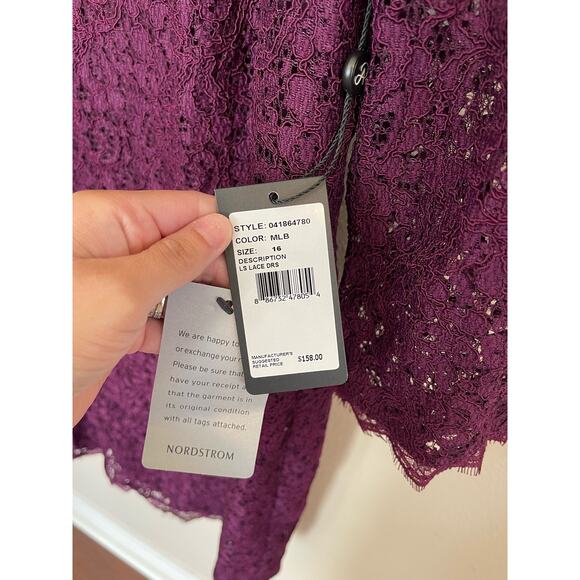 NWT Adrianna Papell Women’s Size 16 Purple V-Back 3/4 Sleeve Lace Sheath Dress - Picture 3 of 13
